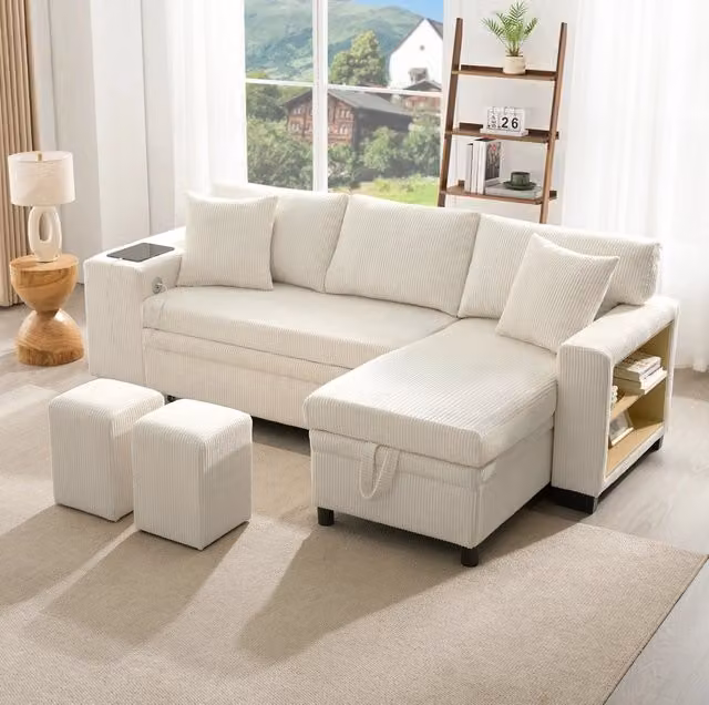 Divano letto angolare trasformabile 231 x 131;5 x 84 cm in tessuto corduroy beige con USB e USB-C
