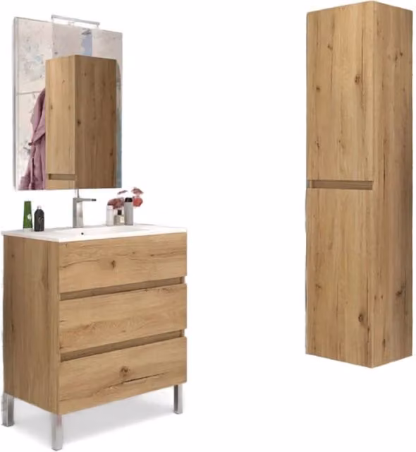 Mobile da Bagno a Terra con Lavabo 80 cm e Specchio Bali Light Rovere Miele