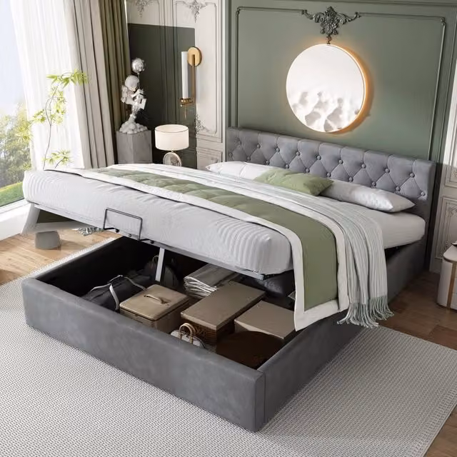 Letto matrimoniale con contenitore 140 × 200 cm sollevamento idraulico testiera capitonné in velluto grigio