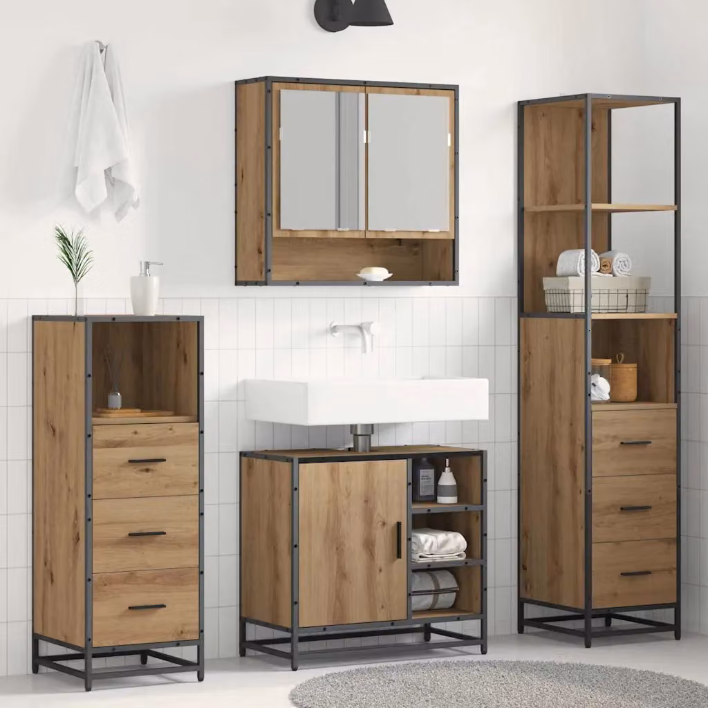 Set di mobili per il bagno moderno vidaXL in rovere e metallo nero, composto da 4 pezzi con armadietto a specchio, mobile lavabo, mobile laterale e colonna alta, L/P/H: 84.53 x 33.0 x 166.0 cm – 1