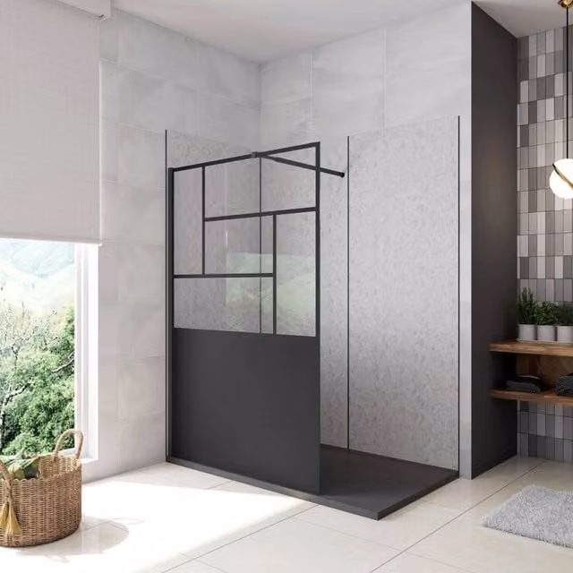 Doccia Walk In Parete Fissa Vetro Temperato 8 mm Anticalcare 120x200cm Semitrasparente Riquadri Nero Serigrafato Barra Stabilizzatrice da 73-120 cm