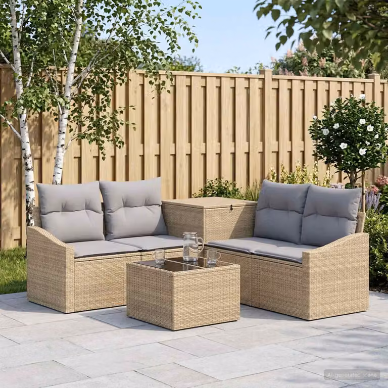 Set di divani da giardino vidaXL in polyrattan con forma a L, 6 pezzi, beige e grigio con cuscini e tavolino da caffè incluso