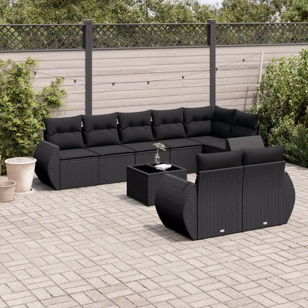Set di divani da giardino vidaXL in polyrattan nero con 9 pezzi e cuscini inclusi – 1