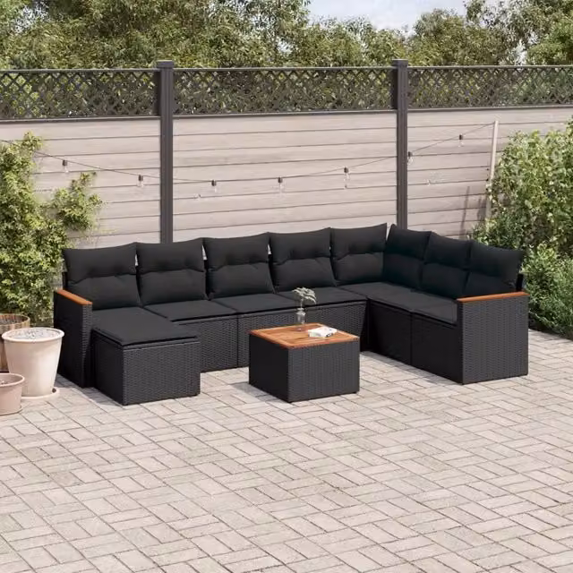 Set Divani da Giardino 9 pz con Cuscini Nero in Polyrattan 3226251