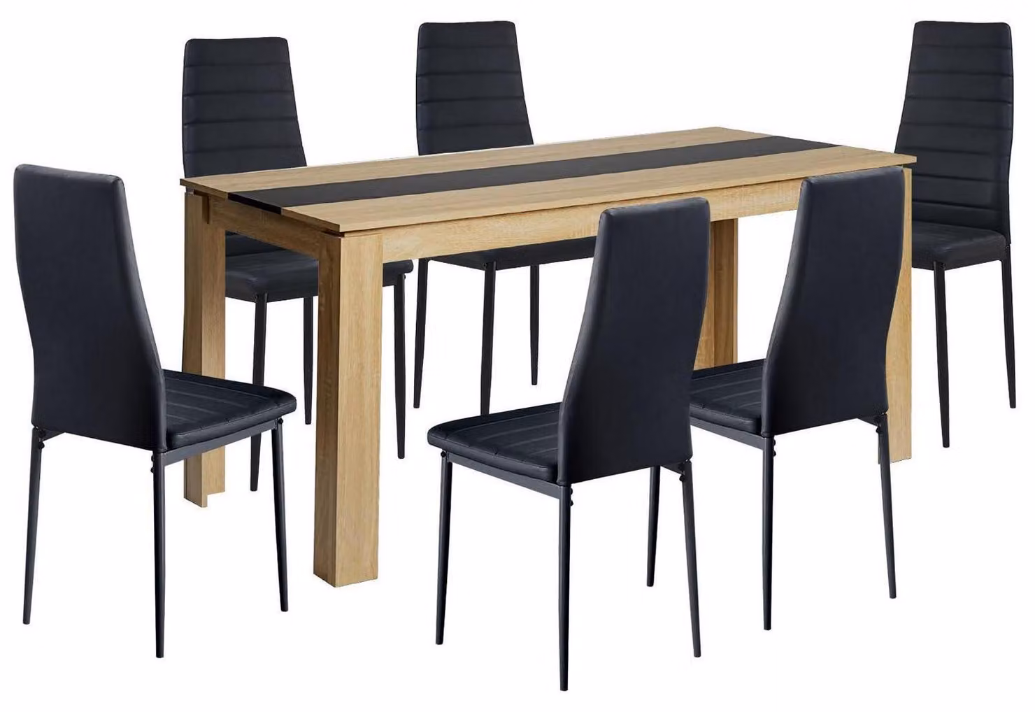 Tavolo da pranzo con 6 sedie, tavolo rettangolare in legno di 160x80 cm, 6 sedie in ecopelle nera