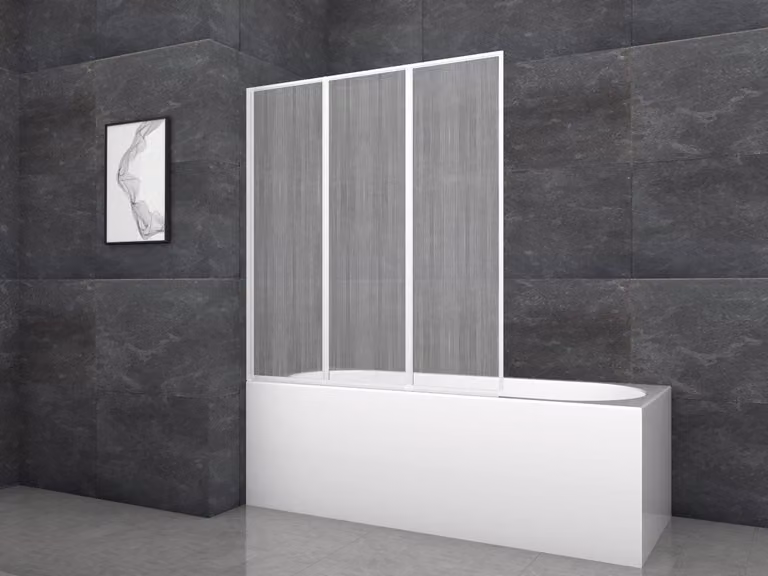 MARWELL Parete pieghevole per vasca da bagno in 3 parti 125 x 130 cm – Parete doccia girevole per vasca da bagno, plastica satinata, bianca, salvaspazio, facile da montare