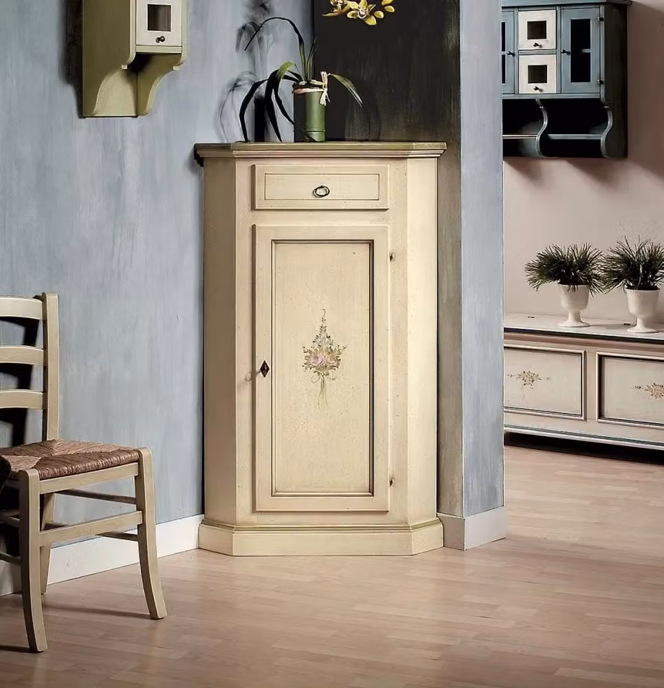 Mobile angolo in legno stile arte povera laccato avorio con 1 porta e 1 cassetto Mobili 2G L/P/H: 54 x 54 x 130 cm – 2