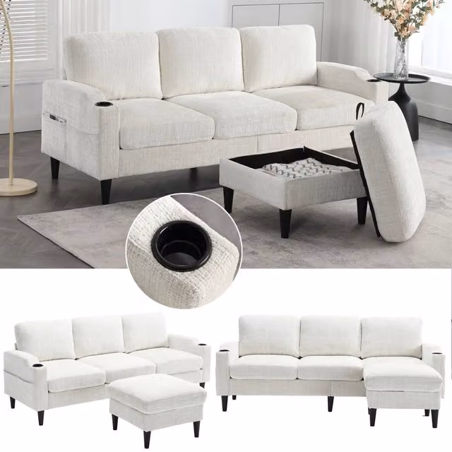 Divano modulare 4 posti con pouf contenitore portabicchieri e tasche laterali in ciniglia beige 196,5 × 75 × 77 cm