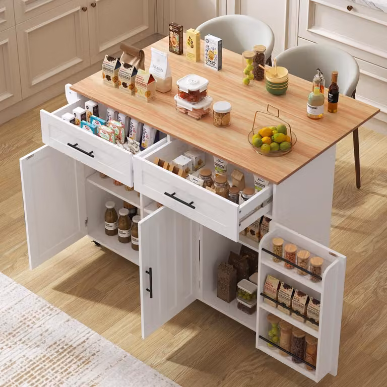 Isola da cucina con piano di lavoro pieghevole, 5 ruote, 2 cassetti, colore bianco, dimensioni 129x71x91,5 cm