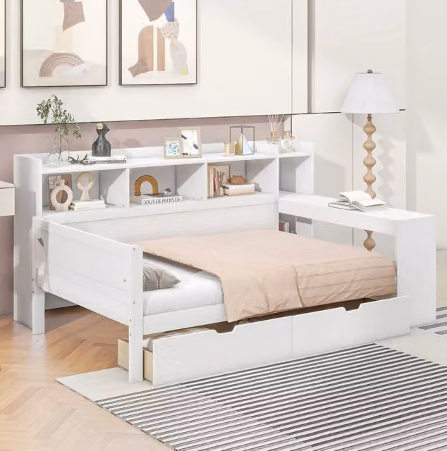 Letto con scrivania; USB e presa di ricarica; 2 cassetti; 90 x 200 cm; pannello truciolare; bianco