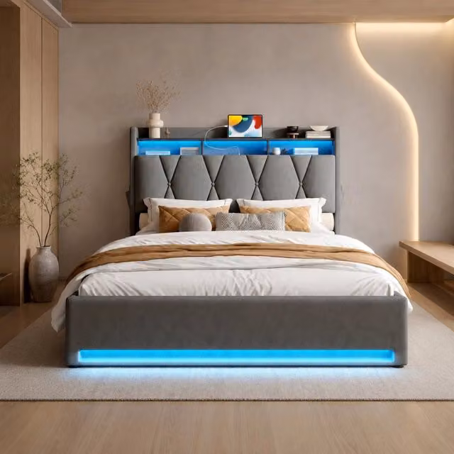 Letto imbottito REDOM in velluto grigio con contenitore, illuminazione LED, porta USB Type-C e mensola integrata, L/P/H: 140 x 200 x 116,5 cm
