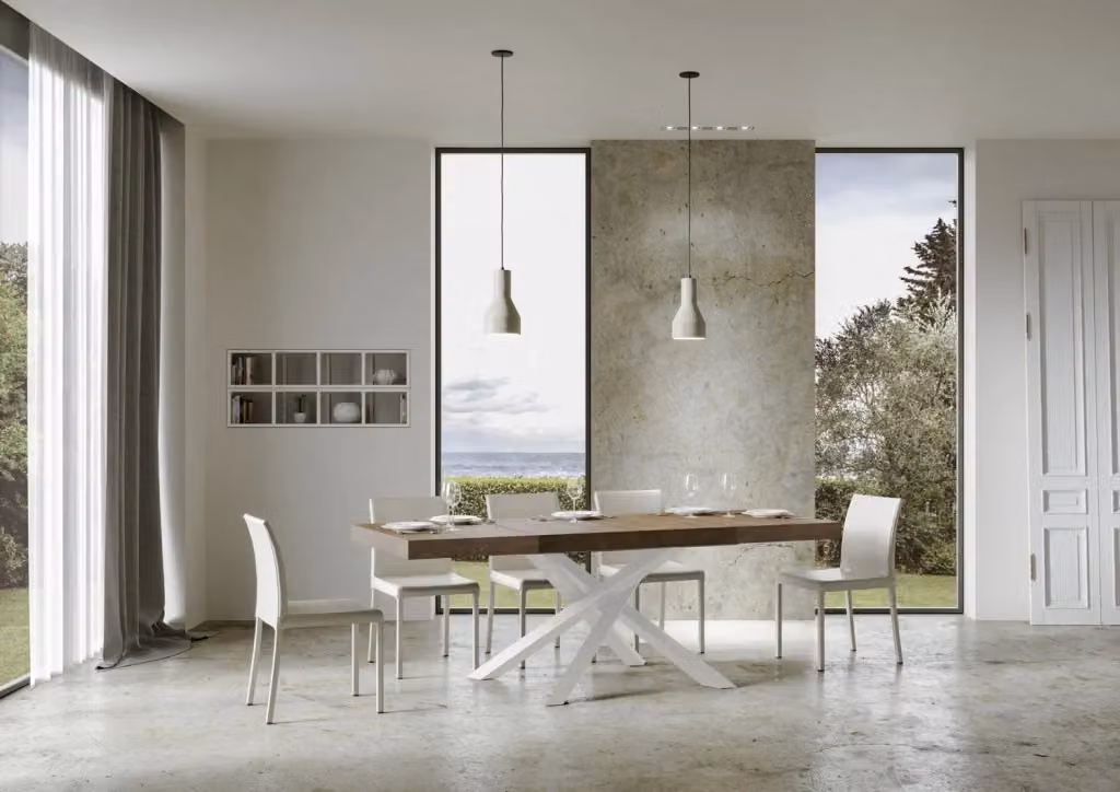 Tavolo allungabile moderno Volta Premium con piano in laminato noce e telaio bianco L/P/H: 90 x 140/400 cm – 2