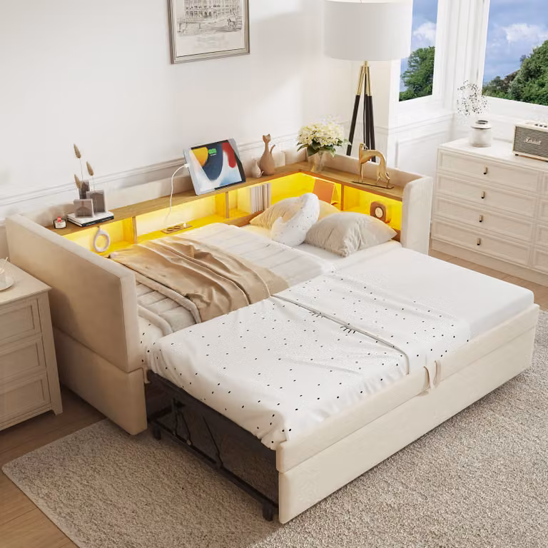 LVHOM Daybed 90x190/180x190cm con LED e prese di corrente, Daybed con piano di appoggio estensibile, Divano letto con contenitore, Beige