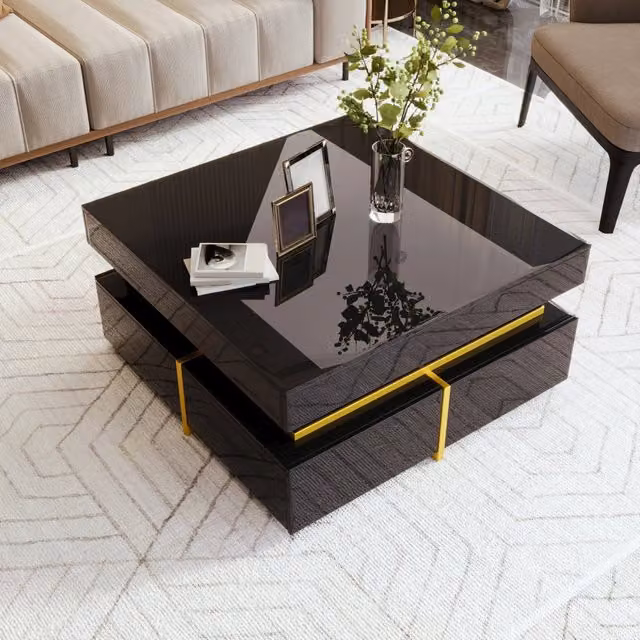Tavolino da caffè moderno WISHDOR nero lucido con finiture oro e 2 cassetti L/P/H: 70 x 60 x 35,5 cm
