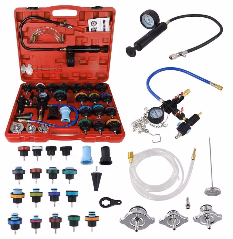 Kit di strumenti per radiatori auto - Tester di pressione del liquido di raffreddamento - Set da 28 pezzi - Dispositivo di riempimento a vuoto - Sistema di spurgo pneumatico - Tester del sistema di raffreddamento con manometro