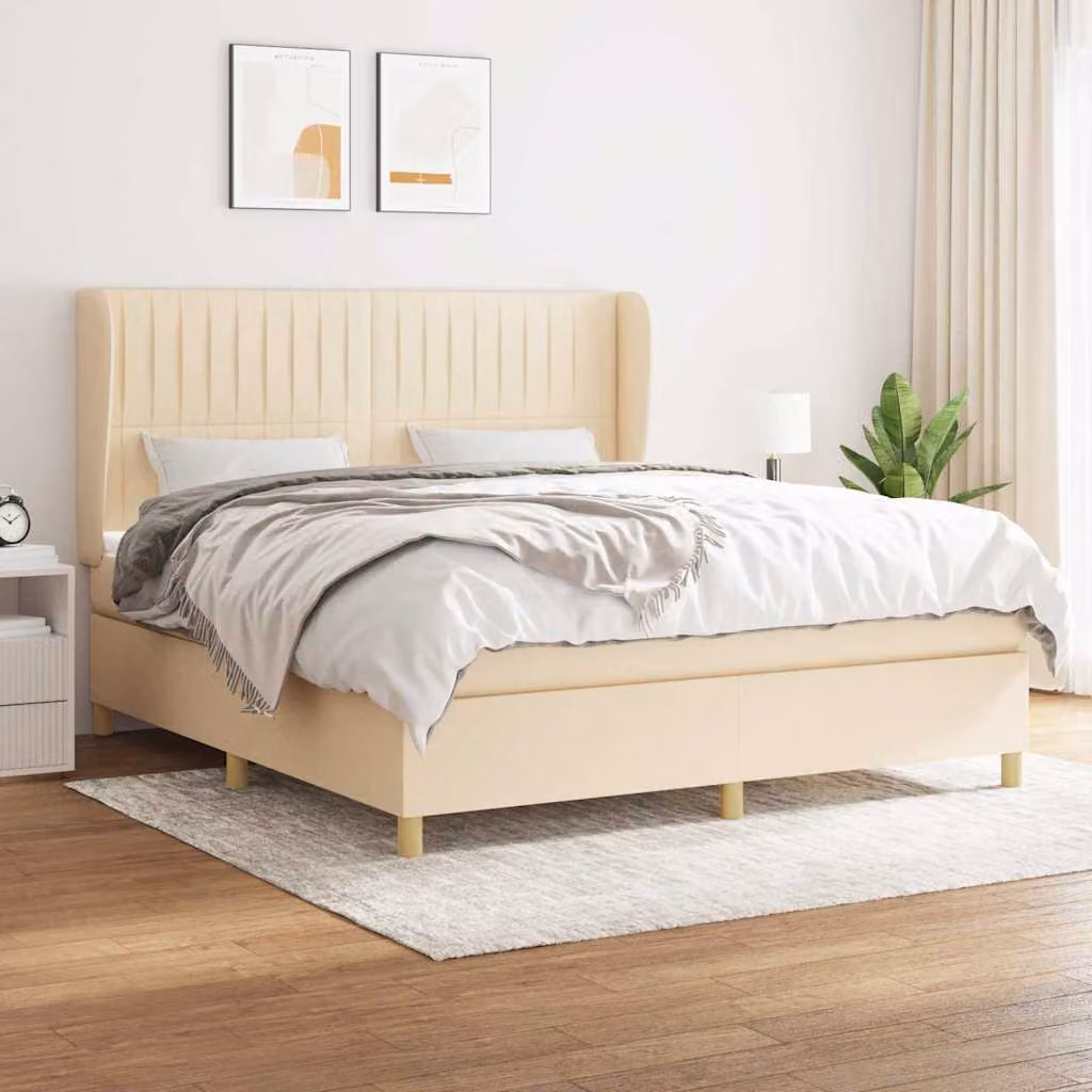 vidaXL Giroletto a Molle con Materasso Ibrido in Tessuto Beige e Bianco L/P/H: 183 x 203 x 128 cm