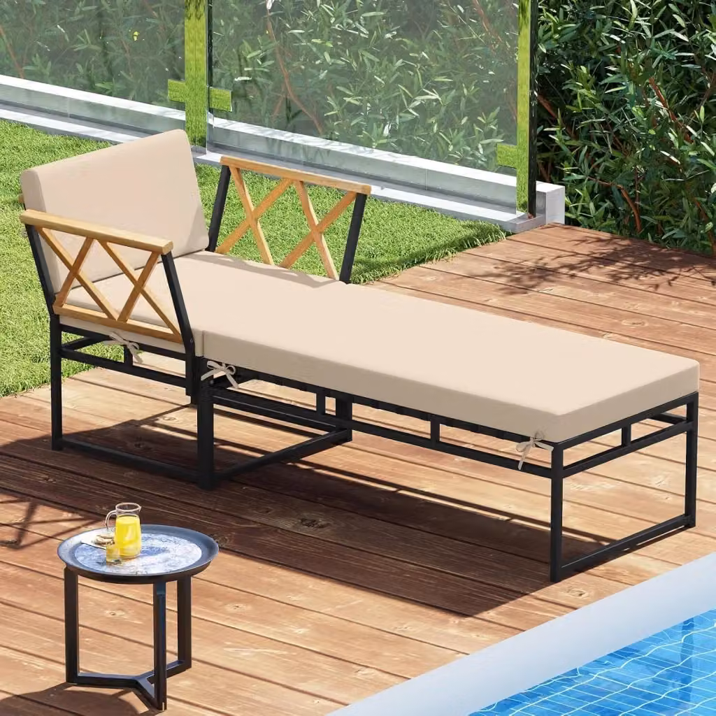 Set Lettino Prendisole Outsunny in Legno di Acacia con Cuscino Beige e Pouf per Giardino e Terrazza – 2