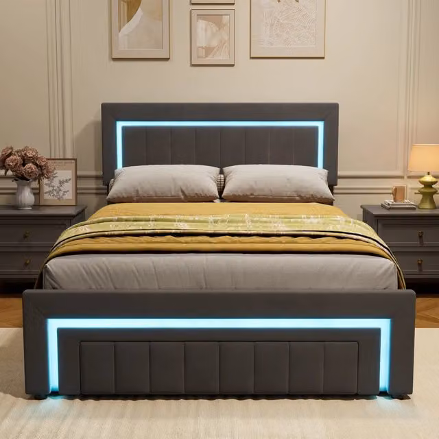 Letto matrimoniale imbottito in velluto grigio con LED e contenitore 140x190 cm