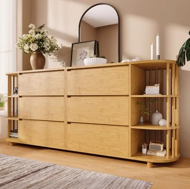 Credenza con sei cassetti e ripiani laterali in bambù effetto rovere marrone con piedini regolabili L: 160 cm, P: 40 cm, H: 75 cm