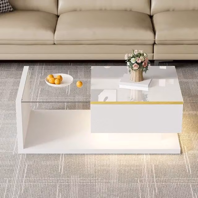 Tavolino da caffè MINIMAL con vetro e LED bianco lucido L: 90 cm, P: 50 cm, H: 32,5 cm