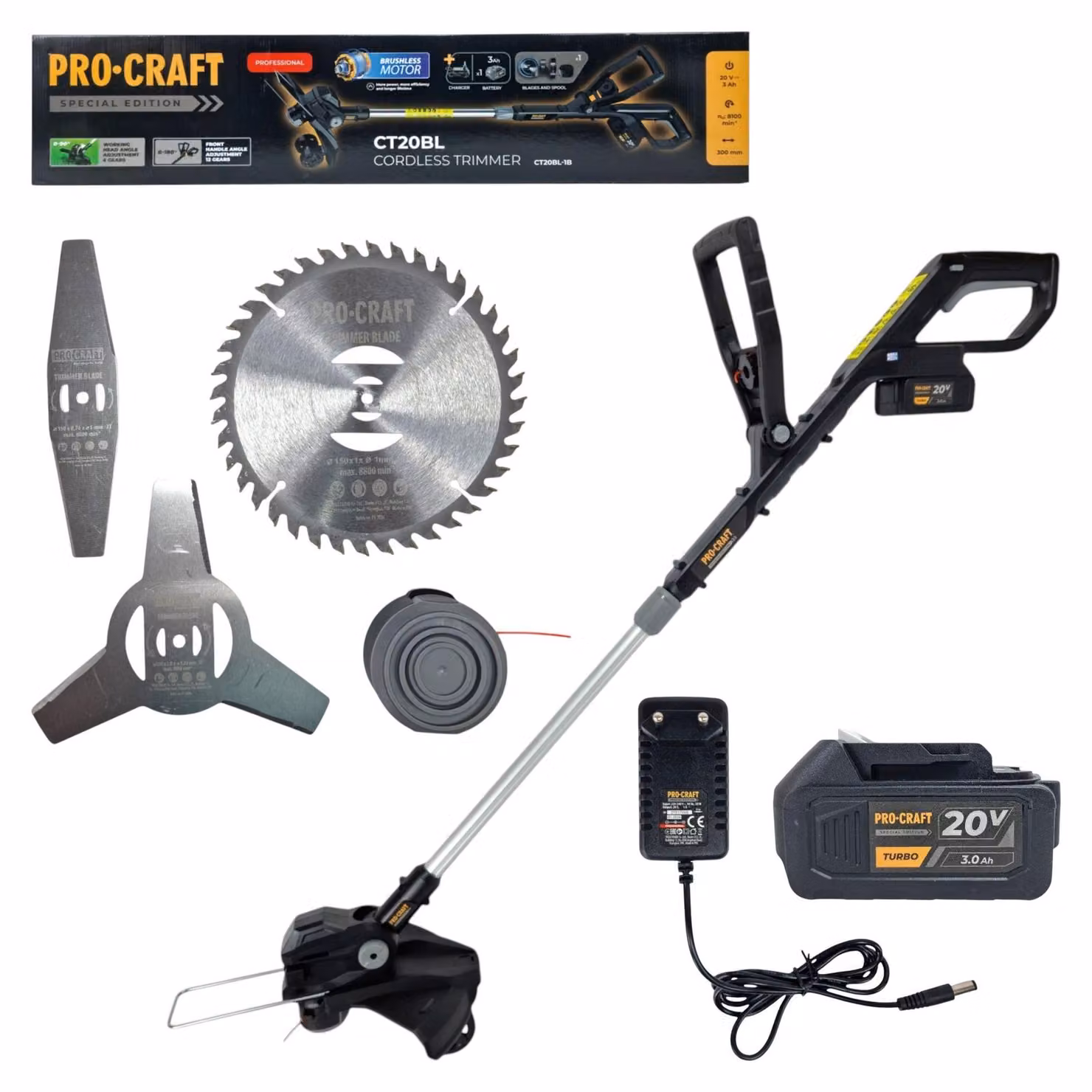 Tagliabordi a batteria Procraft CT20BL 20 V 30 cm Brushless Black Edition + 1x batteria da 3,0 Ah + caricabatterie