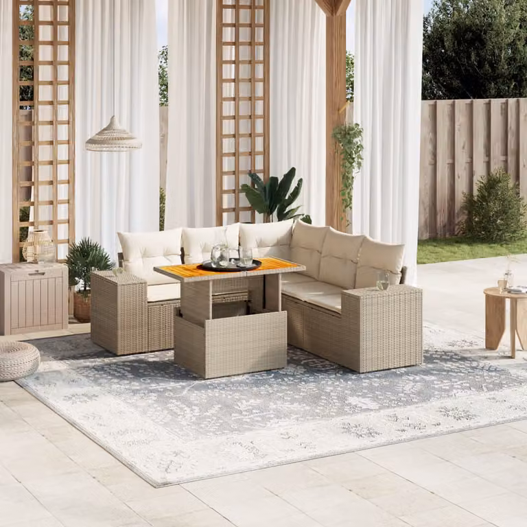 vidaXL Set Divano da Giardino a L 6 pz con Tavolino e Cuscini Beige in Polyrattan e Acciaio