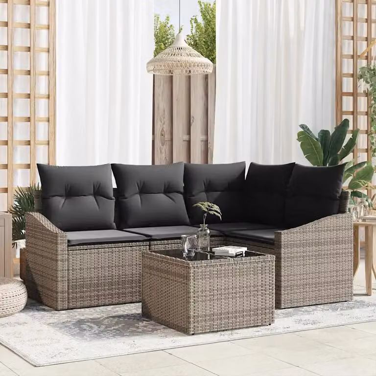 Set Divano da Giardino vidaXL 5 Pezzi a Forma di L Grigio con Tavolino e Cuscini in Polyrattan e Acciaio