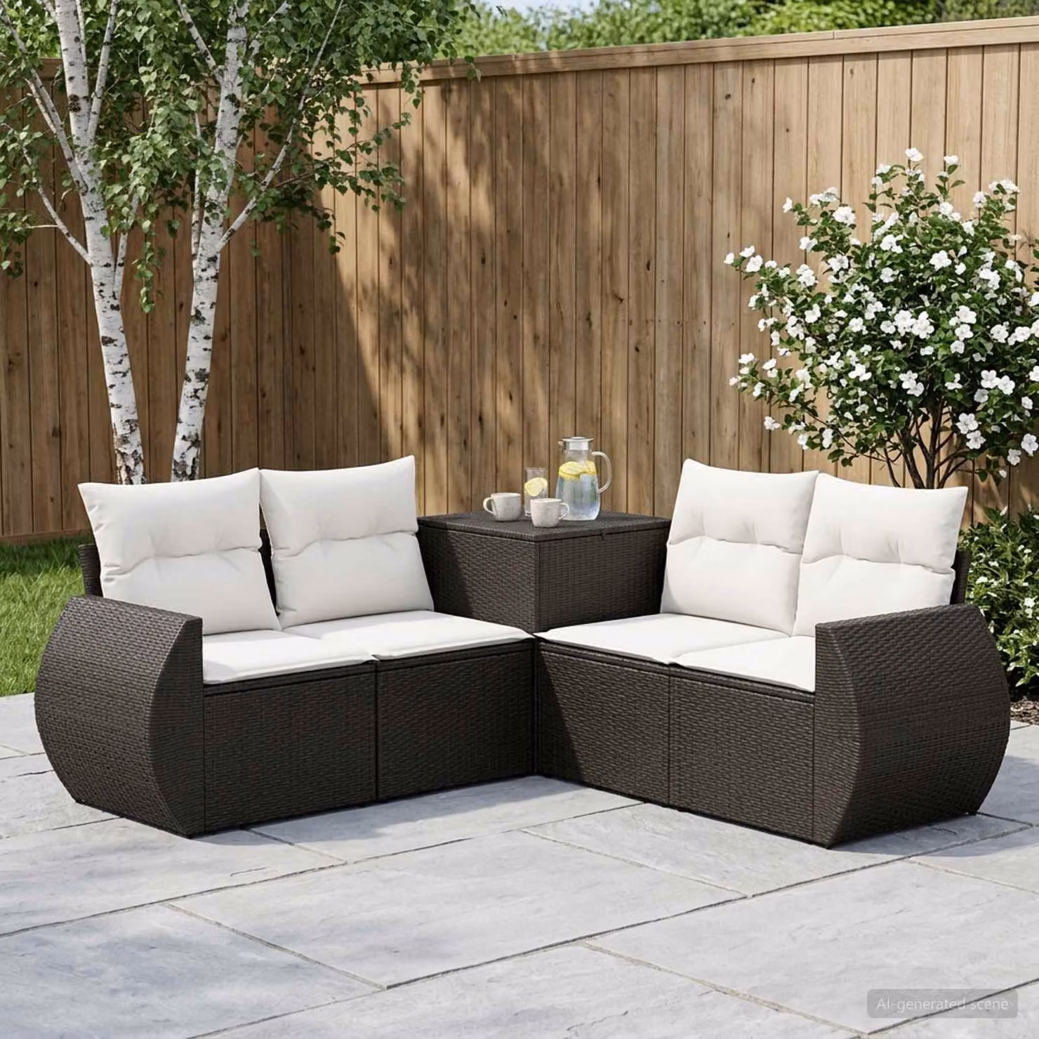Set di divani da giardino vidaXL in polyrattan nero e bianco crema con cuscini inclusi e design a L