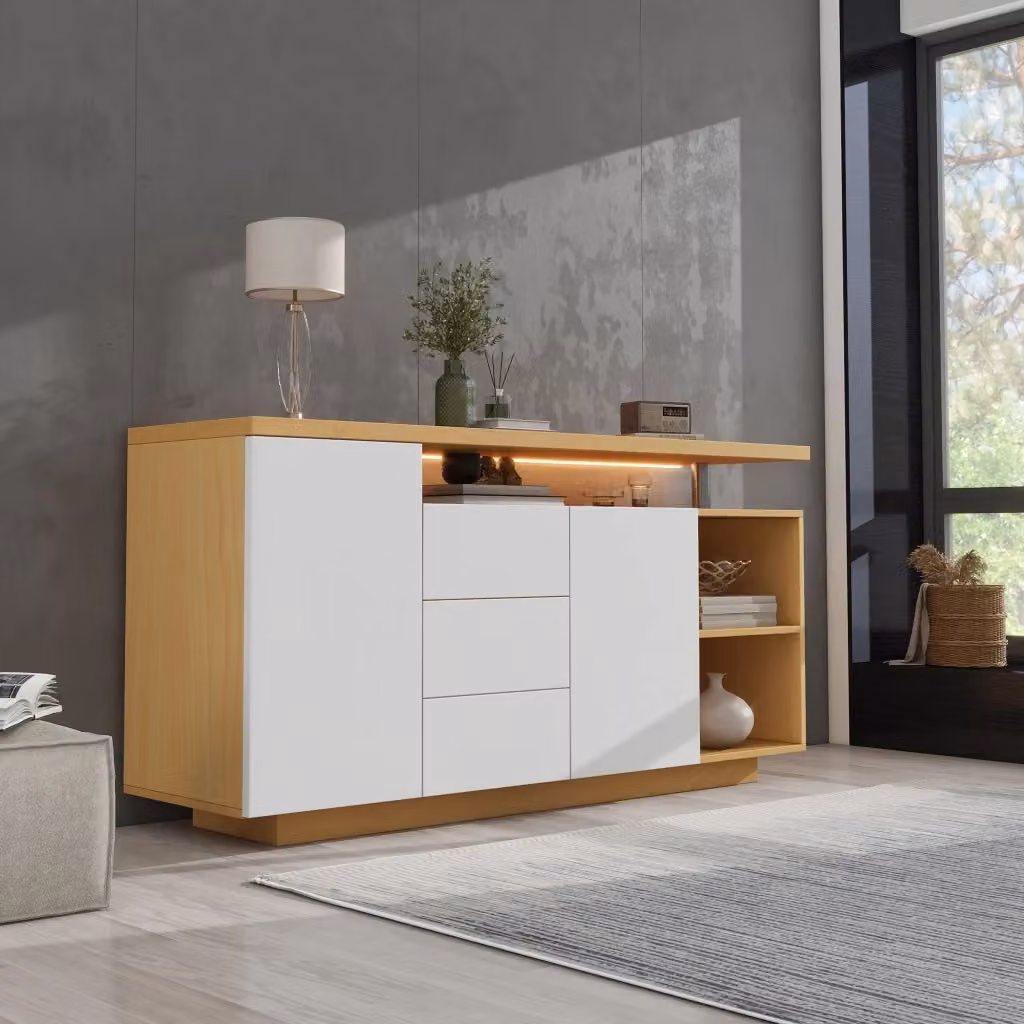 Credenza moderna con illuminazione LED integrata, 2 ante, 3 cassetti e 2 vani aperti, colore bianco e beige, Larghezza: 140 cm – 2