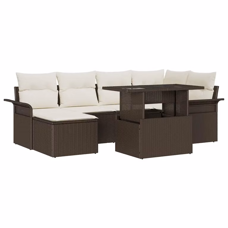Set Divano da Giardino vidaXL 7 Pezzi in Rattan Marrone con Cuscini e Tavolino in Vetro