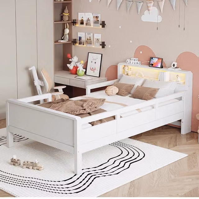 Letto bambino-Xylo-90x200 cm-USB-C, LED, testiera contenitore, bianco