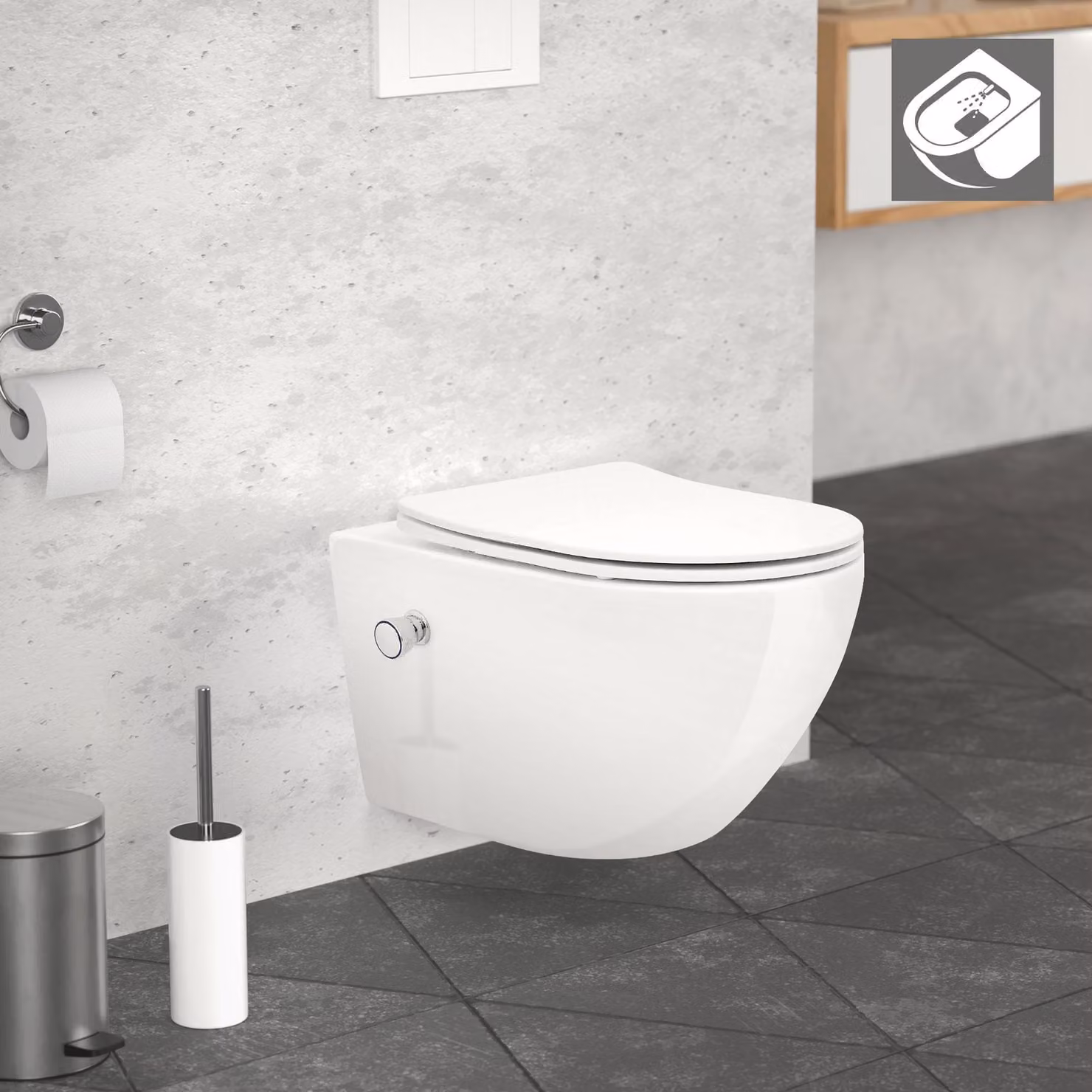 WC LuxeBath sospeso senza brida, lungo 54 cm, bianco, in Vetroceramica con funzione bidet, WC con sedile soft-close, sedile rimovibile in duroplast