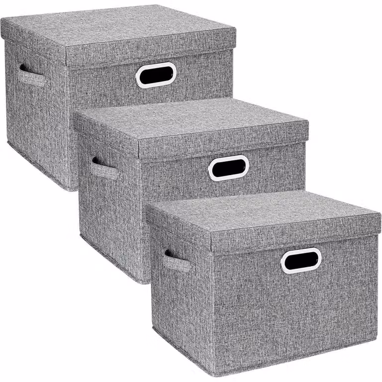 Contenitore con coperchio, in tessuto, pieghevole, lavabile, dimensioni 44x30x29 cm, confezione da 3 pezzi, colore grigio