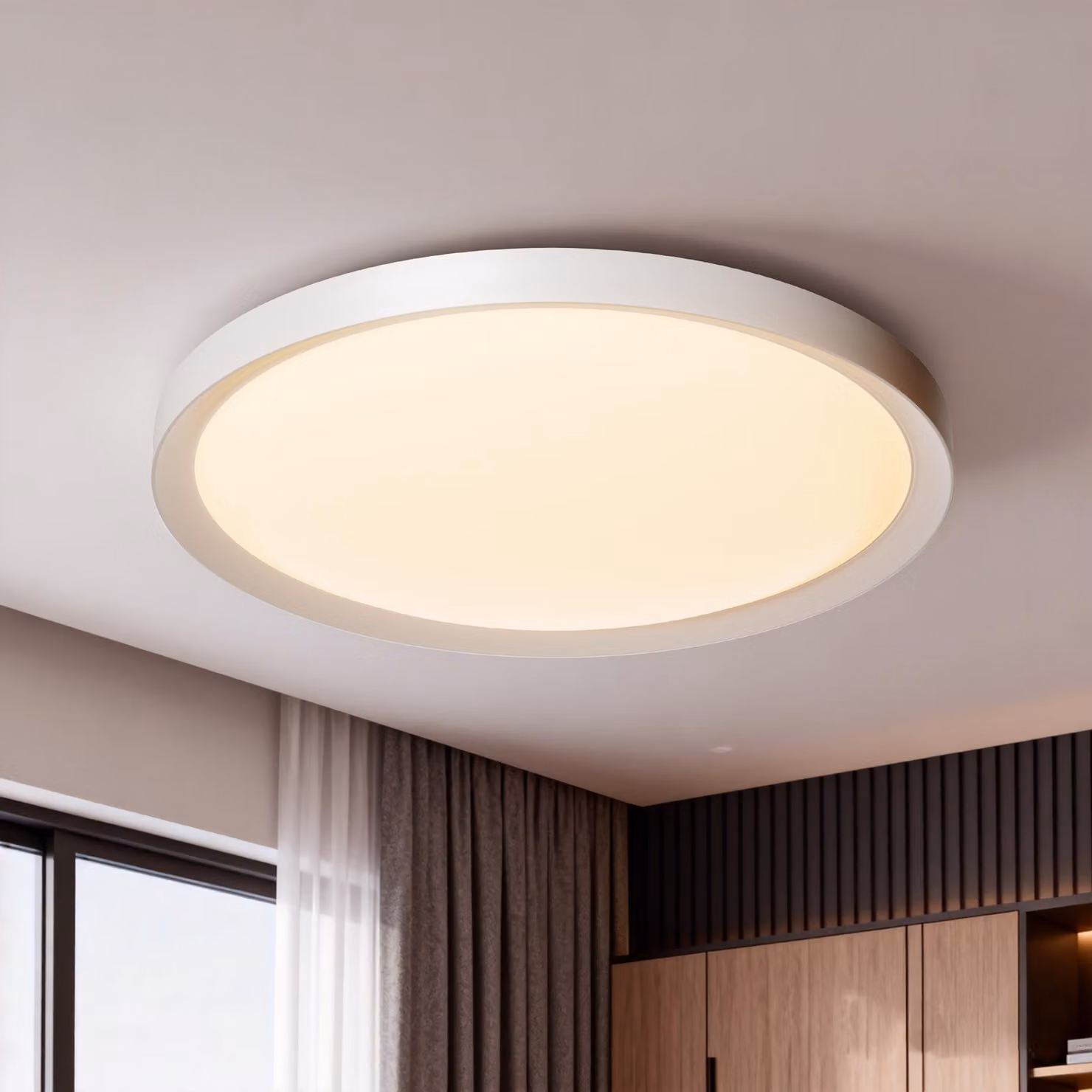 VA-Cerulean, plafoniera LED da 48W, design piatto e rotondo, grado di protezione IP44, luce bianca calda (2800-3200K), ideale per ambienti umidi come bagni, cucine, corridoi e cantine