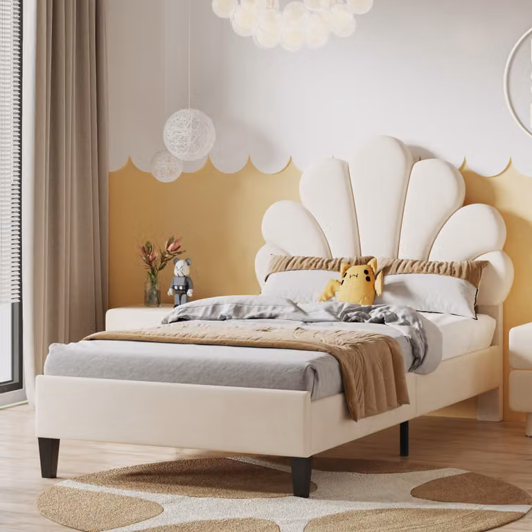 Flieks Letto imbottito 90x200cm in velluto con testata a forma di fiore e rete a doghe Letto singolo Letto da donna per bambini Bambini Giovani