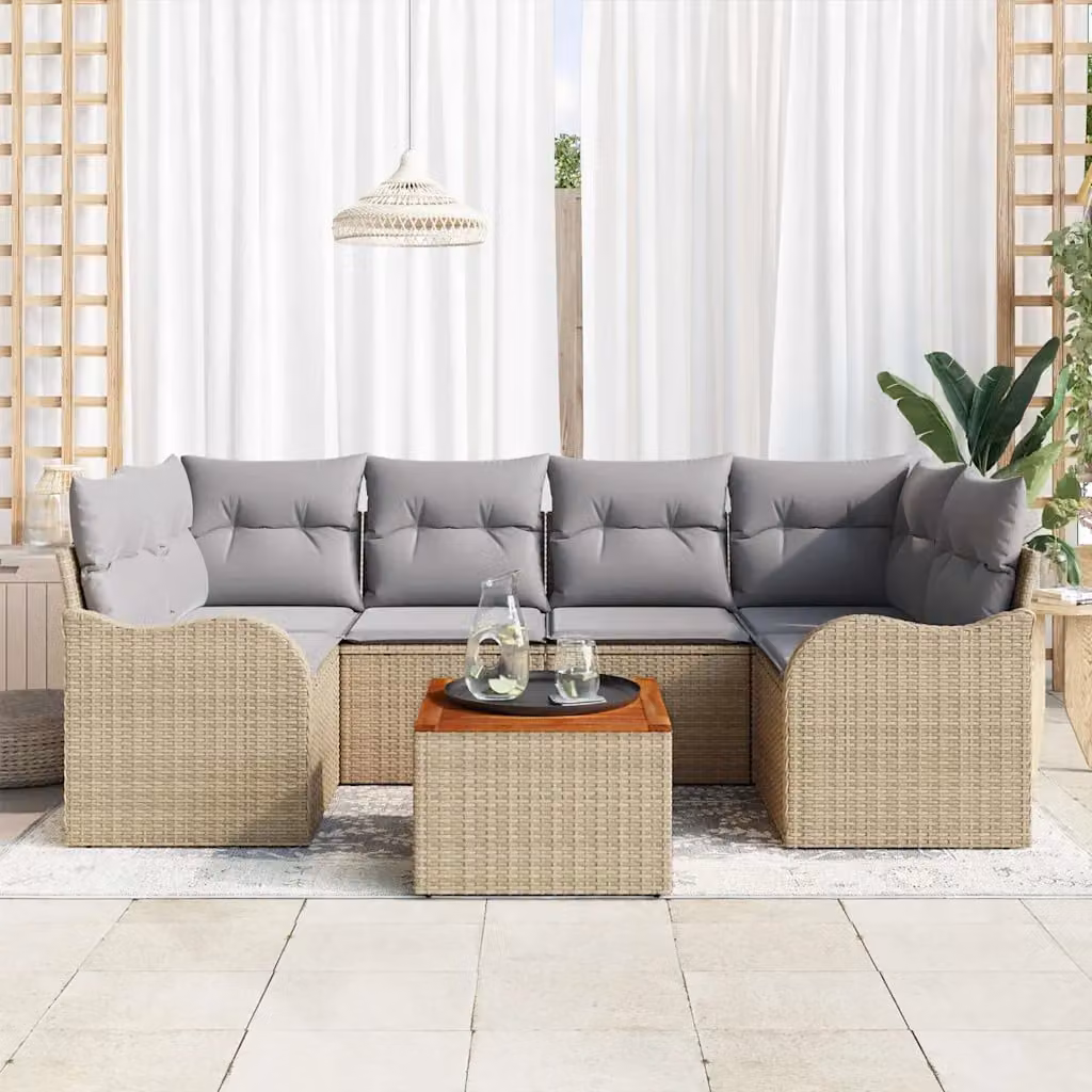 Set Divano da Giardino vidaXL 7 Pezzi a Forma di L con Tavolino, Colore Beige e Grigio, Struttura in Metallo e Polyrattan