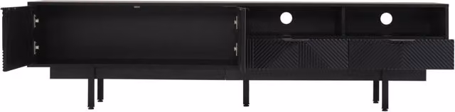 Mobile TV moderno in legno truciolare nero con design geometrico astratto, 200x40x51 cm, supporta TV fino a 90 pollici