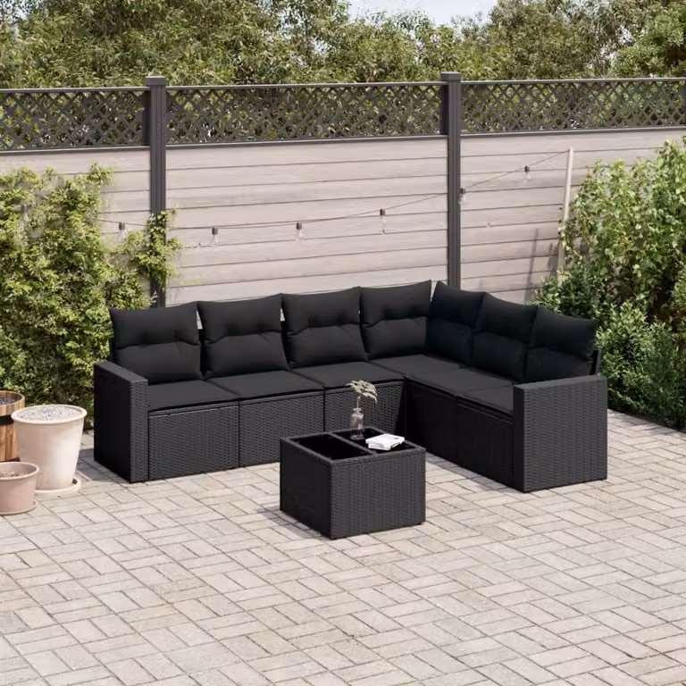 vidaXL Set Divani da Giardino a L con Cuscini 7pz Nero Polyrattan e Tavolino in Vetro