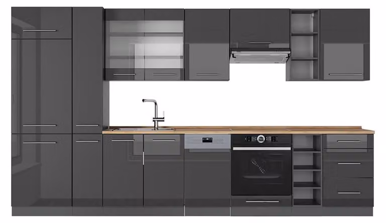 Cucina componibile Vicco Fame-Line Antracite lucido 355 cm , PL Rovere, Model 56892