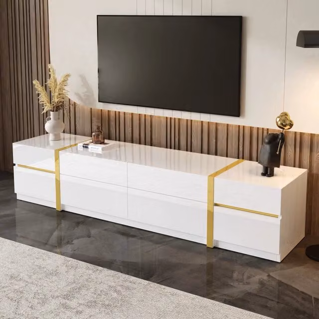 Mobile TV lucido, 4 cassetti, decorazioni a strisce dorate, bianco