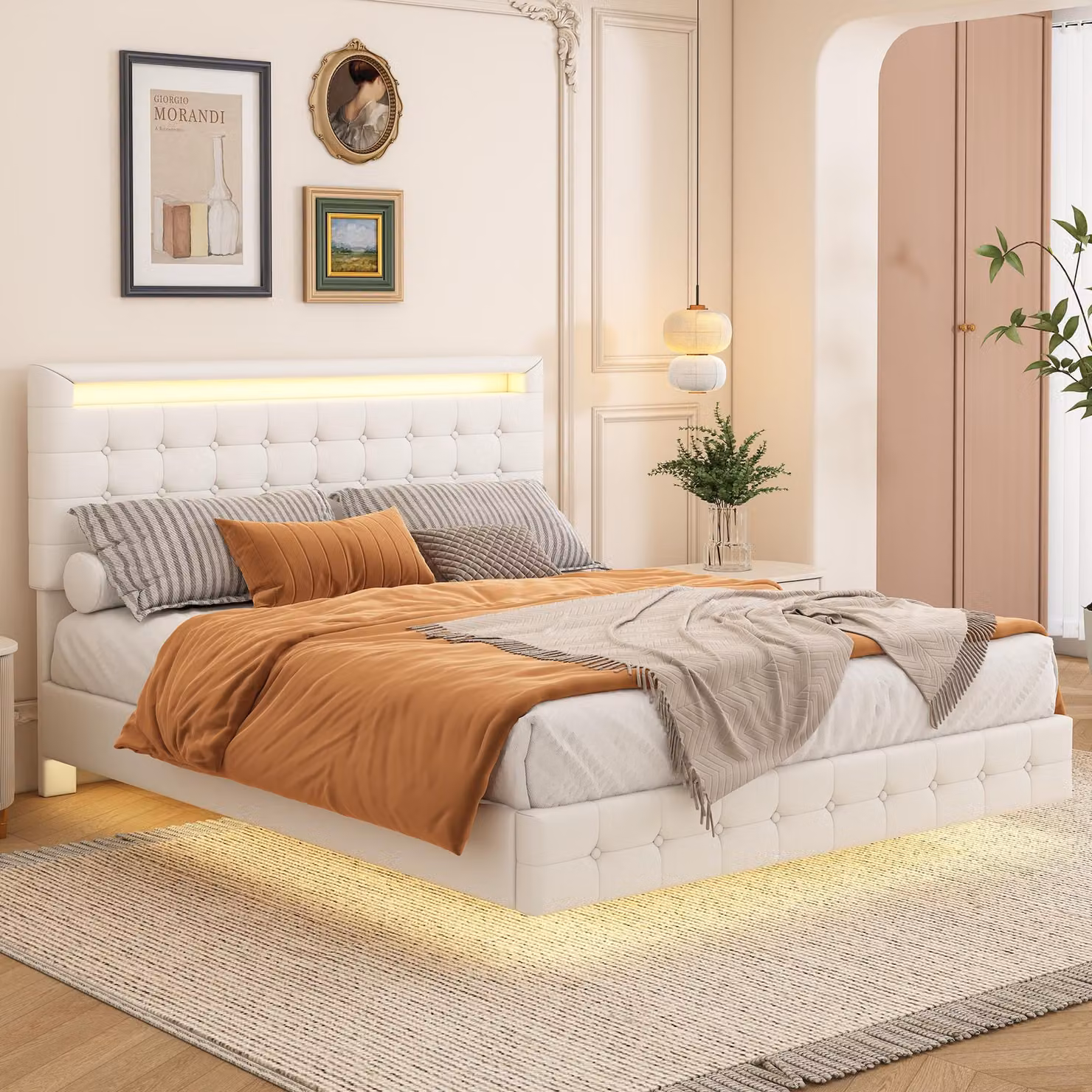 Letto imbottito Merax 140 × 200 cm, letto piano, letto sospeso con luce ambientale a LED, testata regolabile, letto per ragazzi, letto matrimoniale, letto per bambini, PU, bianco