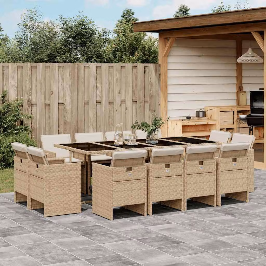 vidaXL Set da Pranzo da Giardino 13 pz in Polyrattan con Cuscini Beige e Piano in Vetro – 1