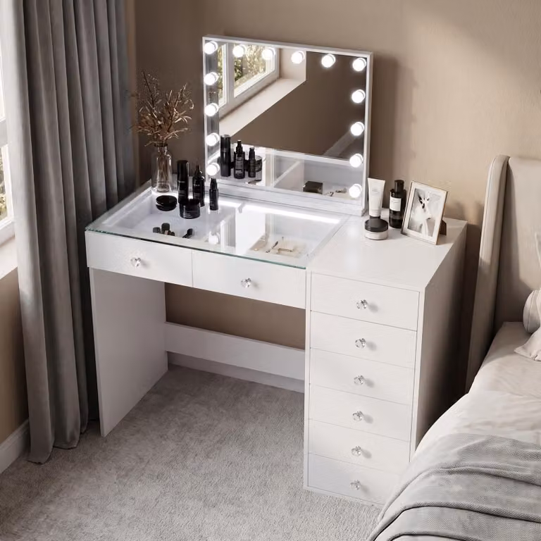 VANITII, tavolino da trucco con specchio illuminato, 8 cassetti, bianco, 120 x 55 x 127 cm