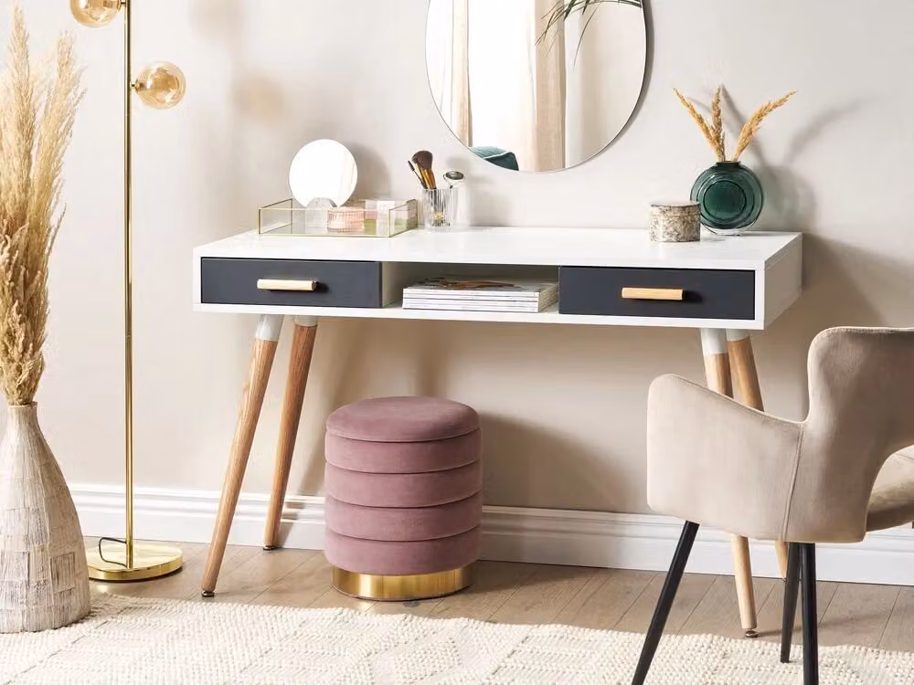 Scrivania Beliani in stile Scandinavo Bianco e Grigio con Gambe in Rovere L: 120 cm, P: 45 cm, H: 75 cm – 2