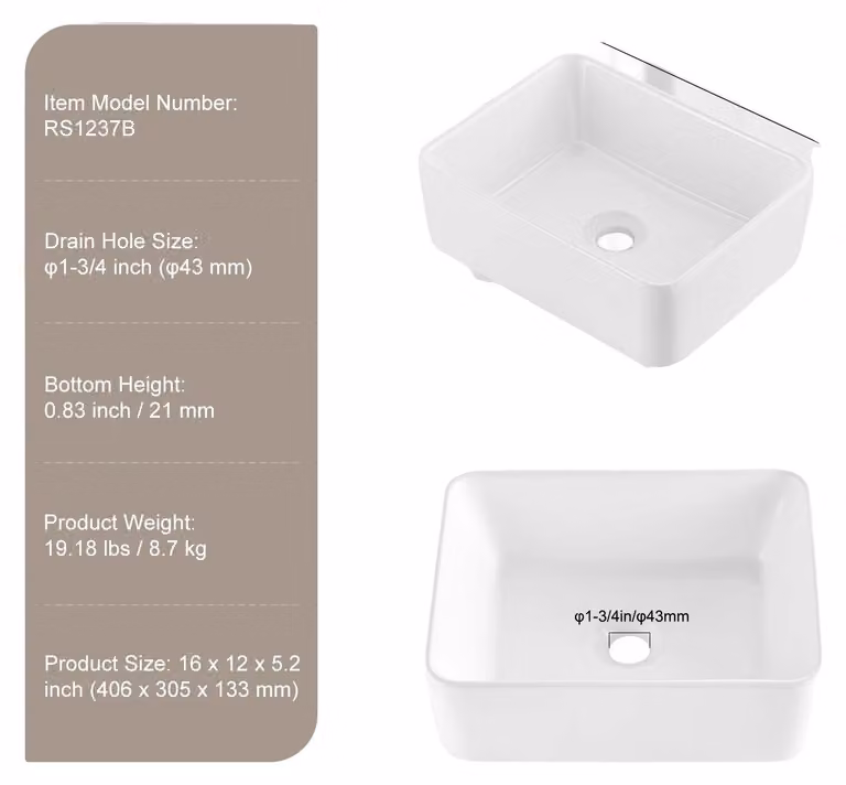 Lavabo, forma rettangolare, materiale ceramico resistente, dimensioni 40,6 x 30,5 cm