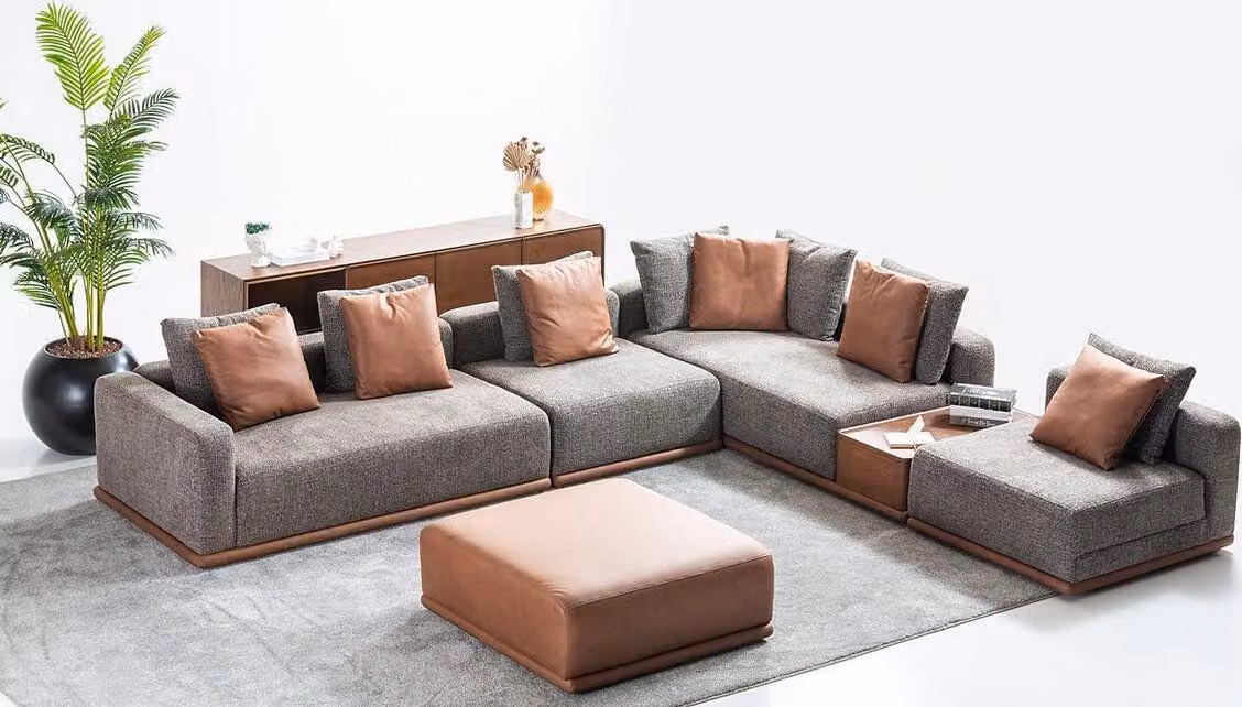 Designer Graue L-Form Couch Wohnzimmer Eck Wohnlandschaft Hocker 2tlg