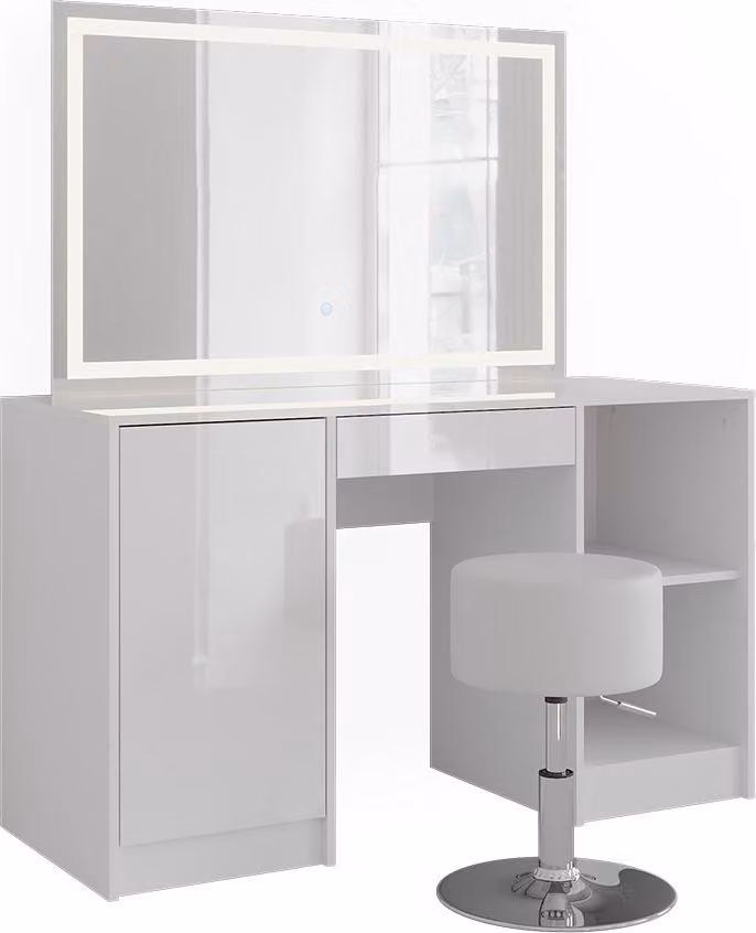 Tavolo da toeletta Vicco Sherry Bianco/Bianco lucido 128.2 cm con specchio LED e sgabello, Model 57624