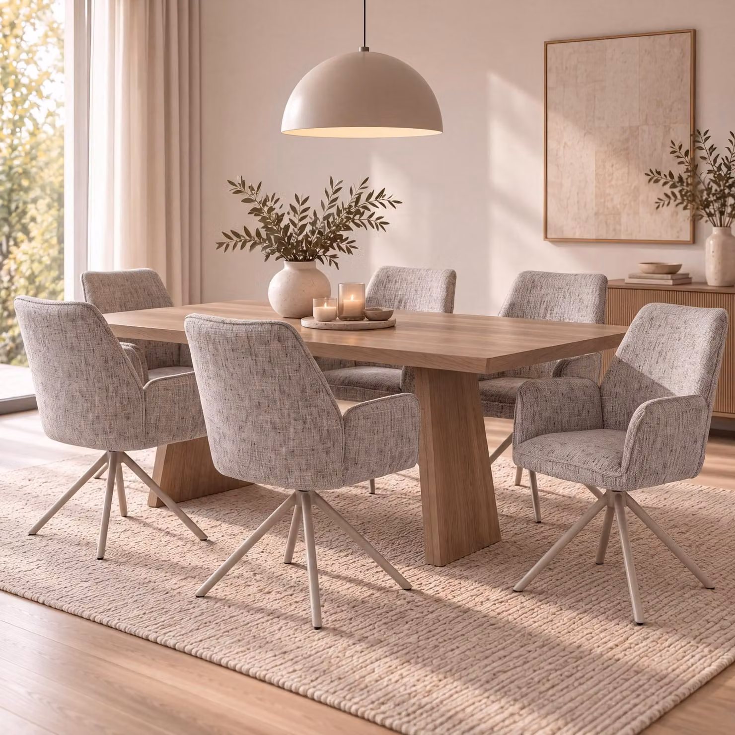 Set di 6 sedie da pranzo modello HWC-G67, girevoli, con meccanismo di auto-regolazione, rivestite in tessuto chenille (410g/m²), struttura color crema, rivestimento beige-grigio chiaro