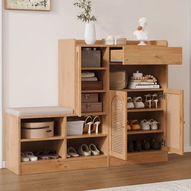 Scarpiera con panca imbottita 3 ante in rattan PE ripiani regolabili e cassetto naturale 142 × 35 × 110 cm