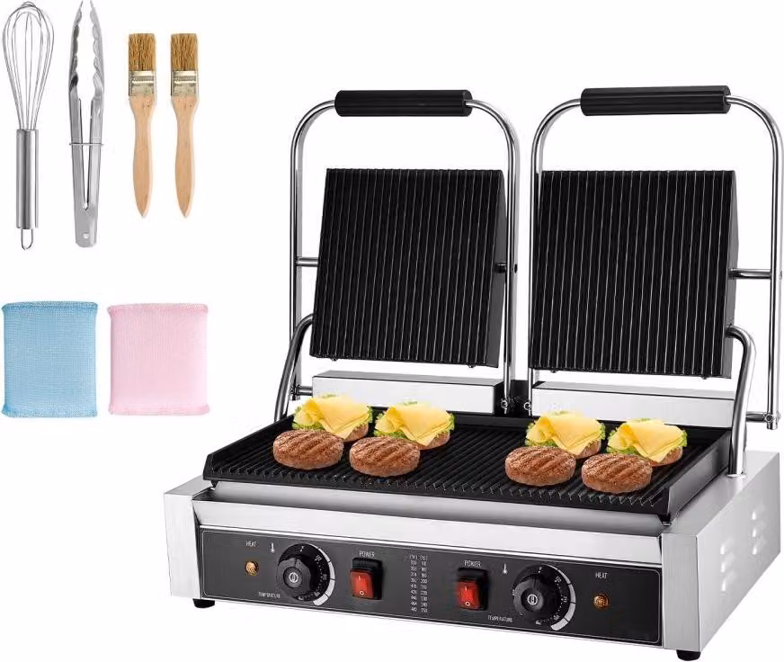 Grill commerciale a contatto 3600W - Macchina elettrica per panini con doppia piastra di cottura - Pressa per panini in acciaio inox - Controllo della temperatura, piastra smaltata scanalata 48 x 23 cm - Ideale per hamburger, bistecche e bacon